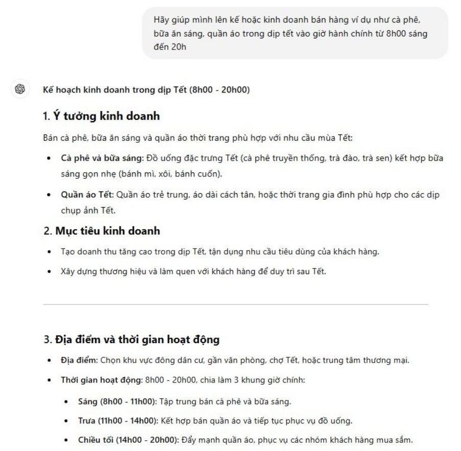 ví dụ 1 về lập kế hoạch từ chatgpt