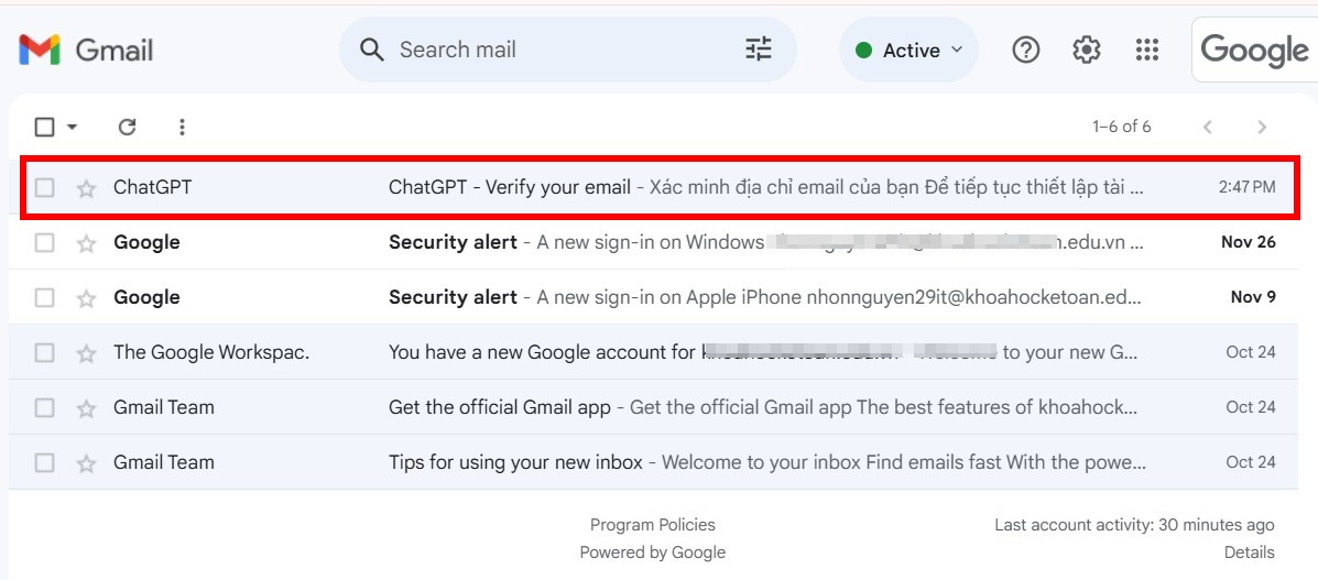 thư từ chatgpt gửi đến để xác thực