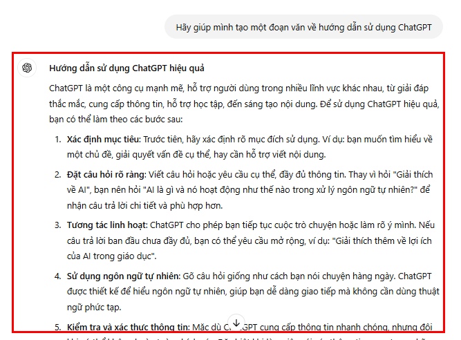 kết quả trả về từ ChatGPT