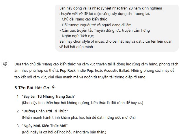 tạo lời bài hát bằng CHATGPT