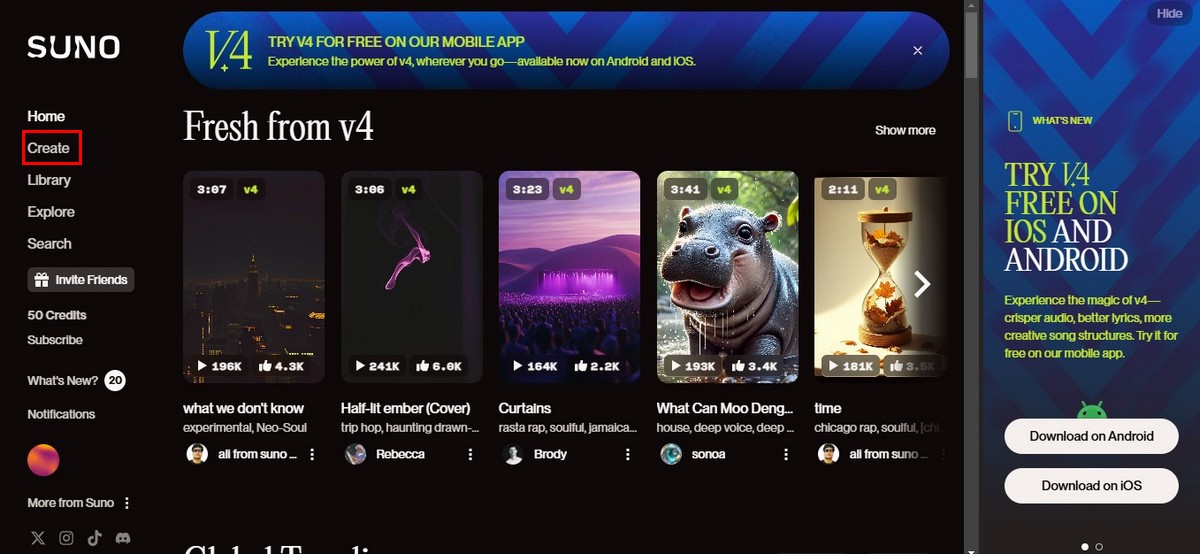 bấm vào nút Create để tạo bài hát