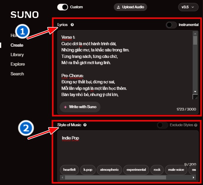 điền lời bài hát và thể loại nhạc