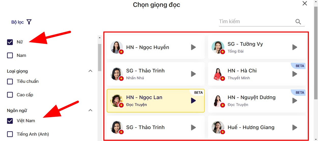 chọn giọng đọc và ngôn ngữ phù hợp