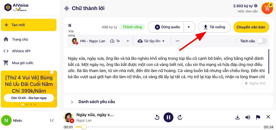 tải xuống file âm thanh vừa được tạo