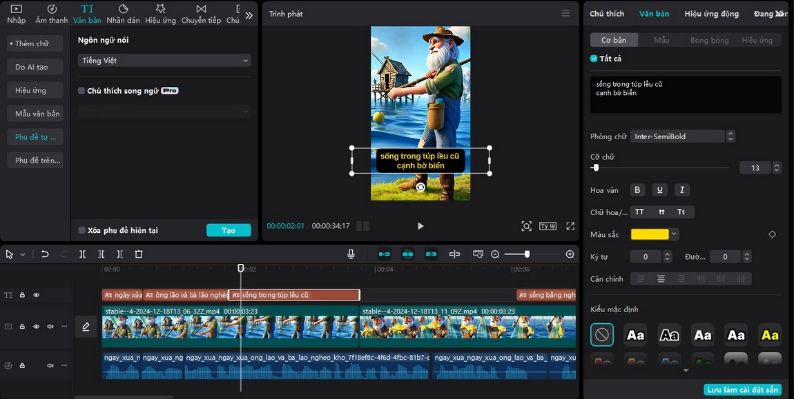Tiến hành vào capcut và thêm âm thanh, phụ đề