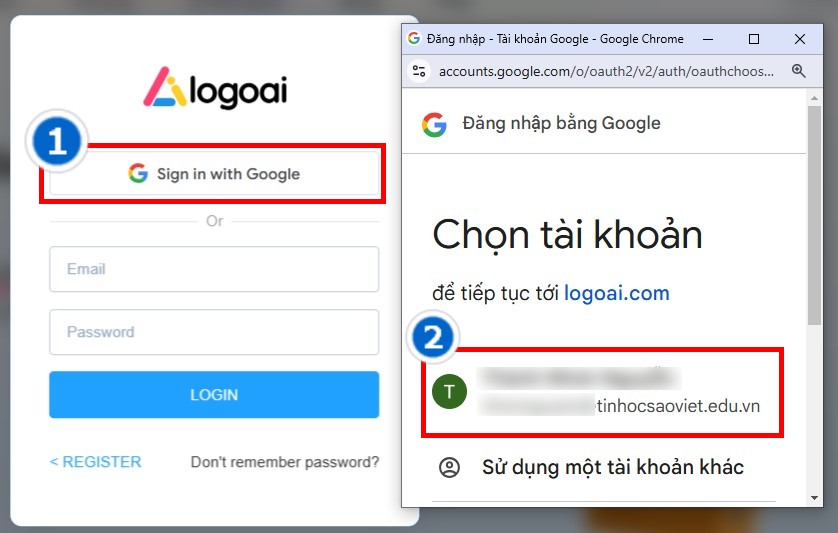 chọn tài khoản google để đăng nhập