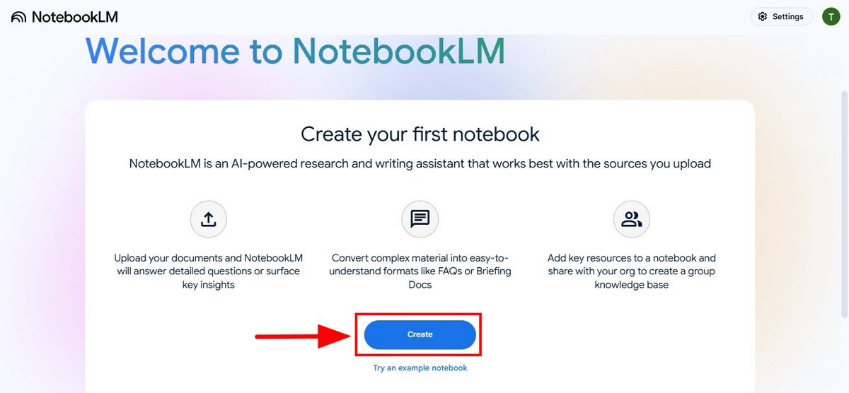 Bước 3 nhấn nút Create để sử dụng NotebookLM