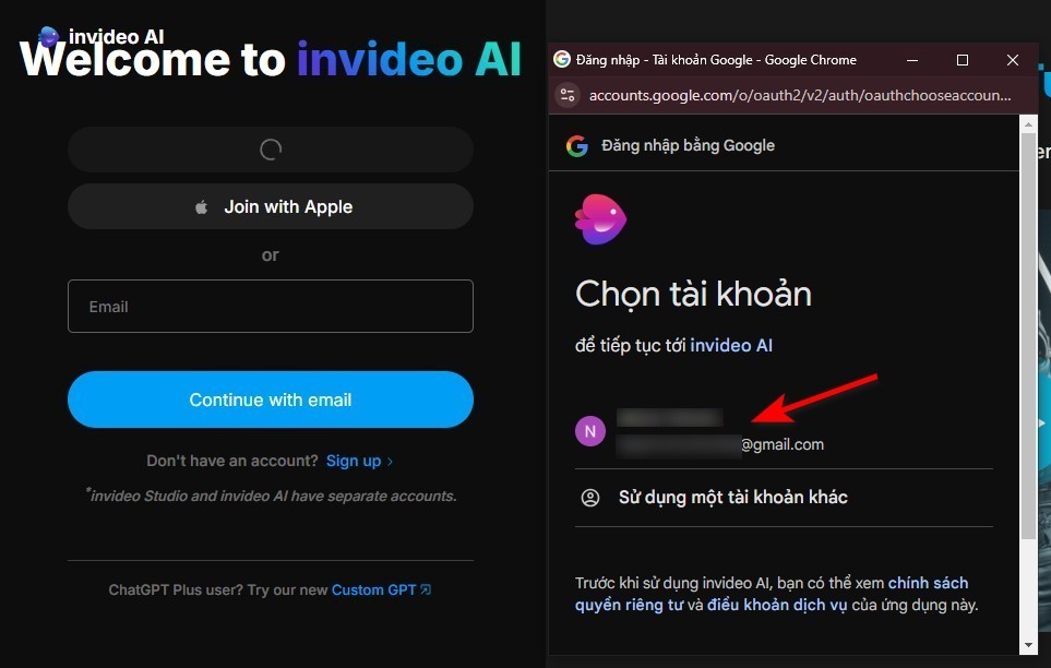 chọn tài khoản google để đăng ký đăng nhập