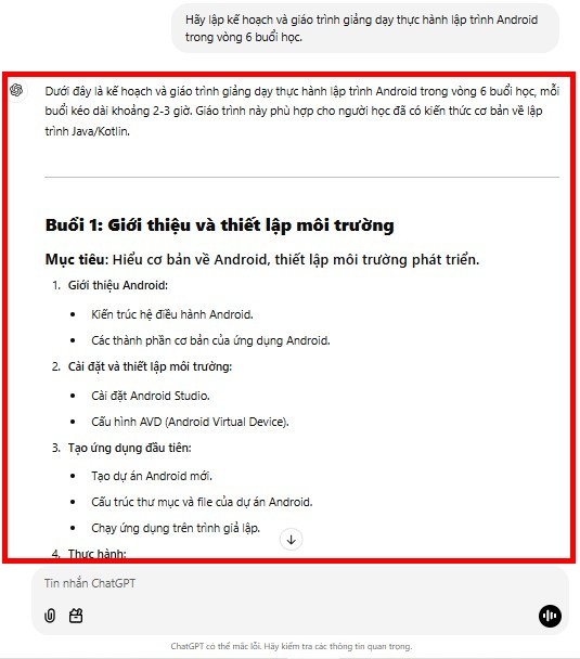 Bước 3: Xem lại kế hoạch giảng dạy được ChatGPT lập ra