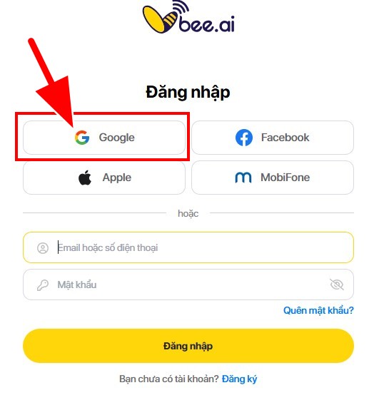 Chọn đăng nhập Vbee AI Voice Bằng Tài Khoản Google Có Sẵn Trên Máy