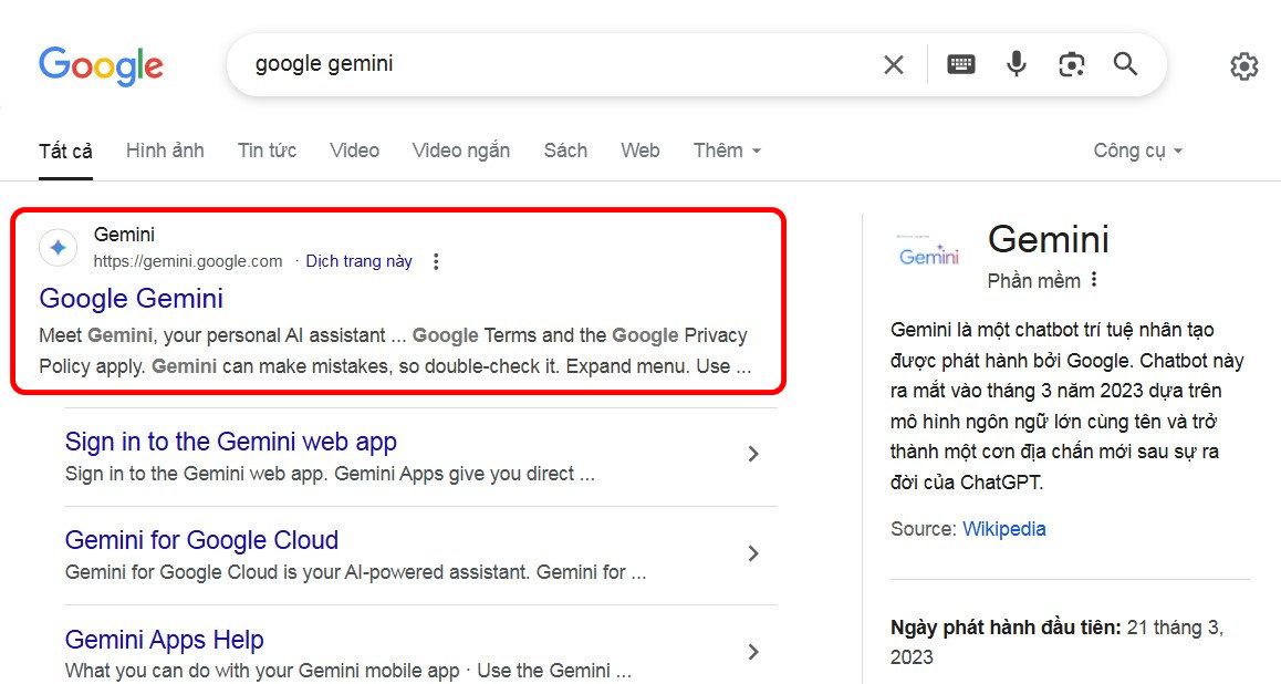 Bước 1 tìm kiếm google Gemini