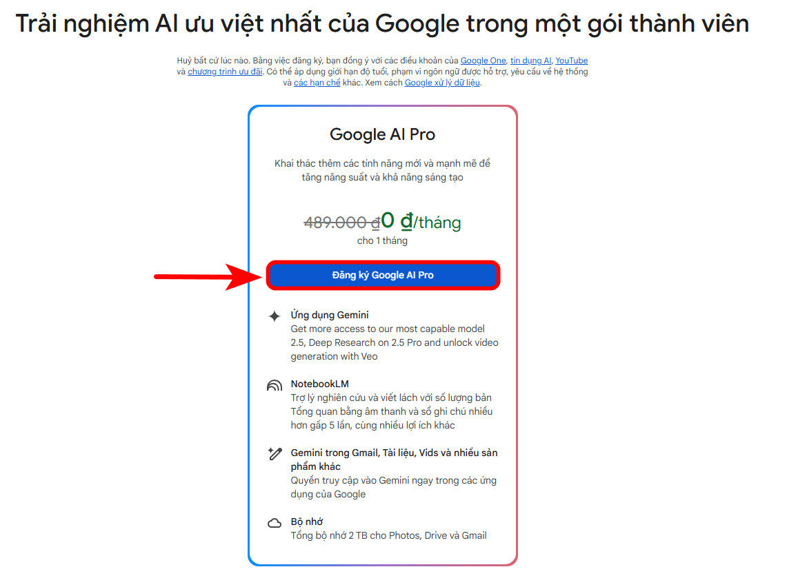 Bước 3: Nhấn nút đăng ký gói Google AI Pro