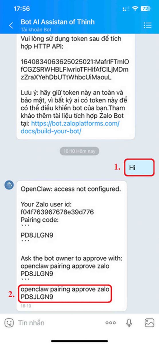 Hướng dẫn xác thực Zalo bot
