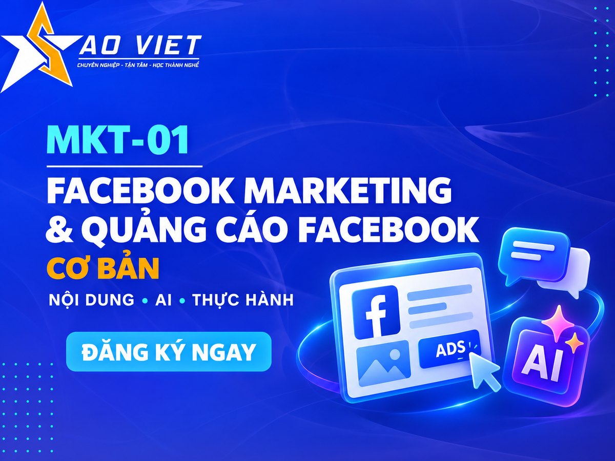Đồ họa MKT-01 cơ bản nền xanh Sao Việt với biểu tượng nội dung quảng cáo, tin nhắn và AI