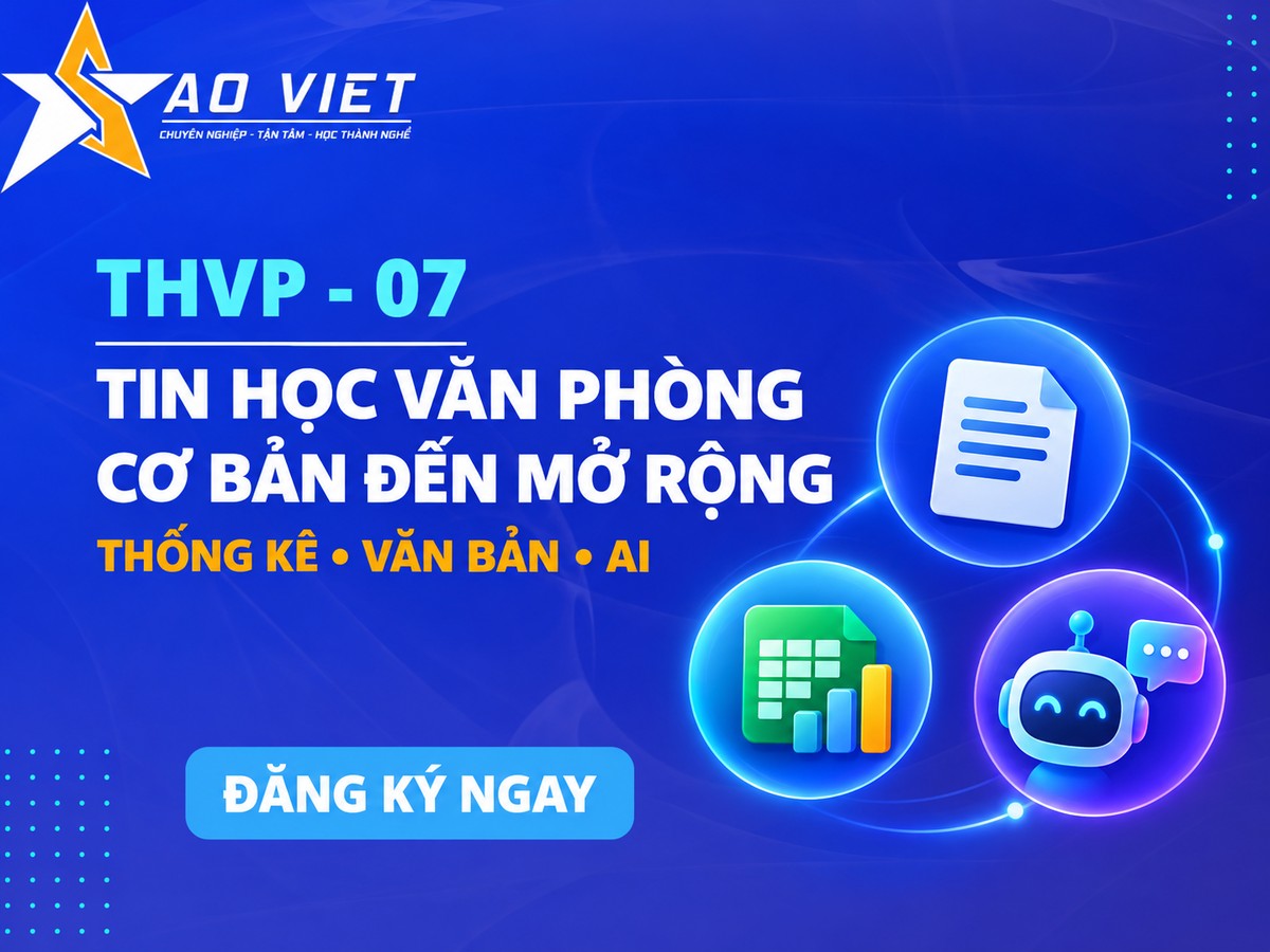 Đồ họa THVP-07 nền xanh Sao Việt với tên khóa học và biểu tượng công cụ văn phòng
