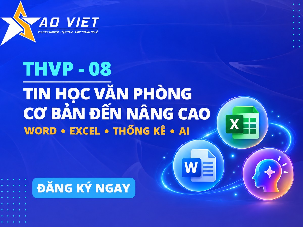 Đồ họa THVP-08 nền xanh Sao Việt với tên khóa học và biểu tượng công cụ văn phòng