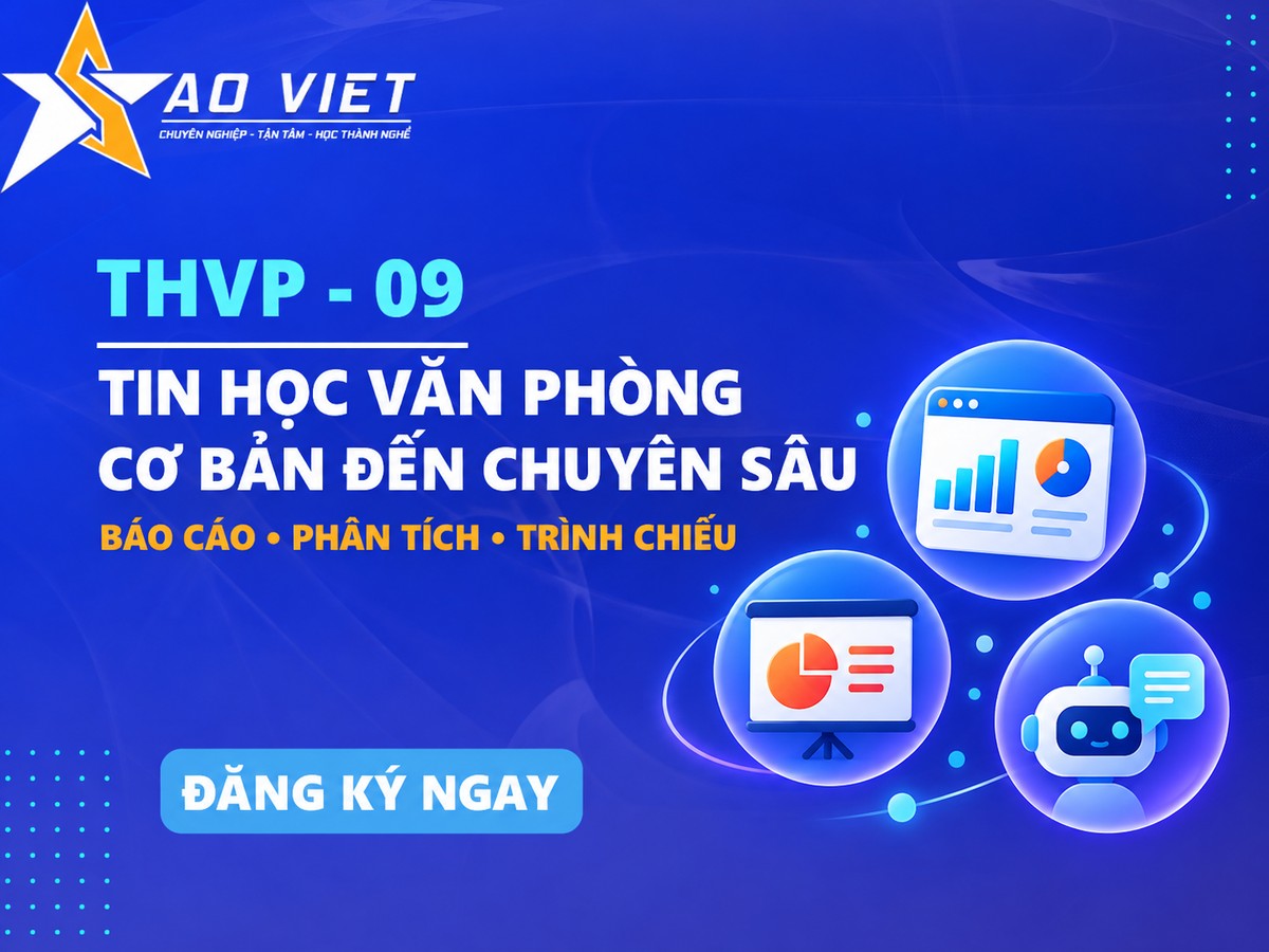 Đồ họa THVP-09 nền xanh Sao Việt với tên khóa học và biểu tượng công cụ văn phòng