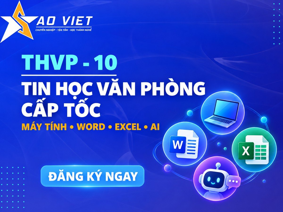 Đồ họa THVP-10 nền xanh Sao Việt với tên khóa học và biểu tượng công cụ văn phòng