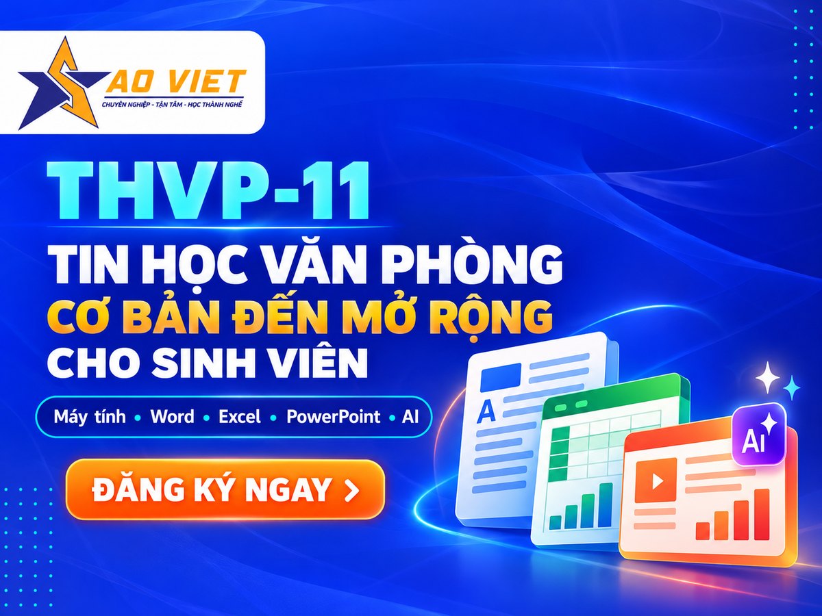 Ảnh THVP-11 nền xanh Sao Việt, tiêu đề cơ bản đến mở rộng cùng biểu tượng văn bản, bảng tính, trình chiếu và AI