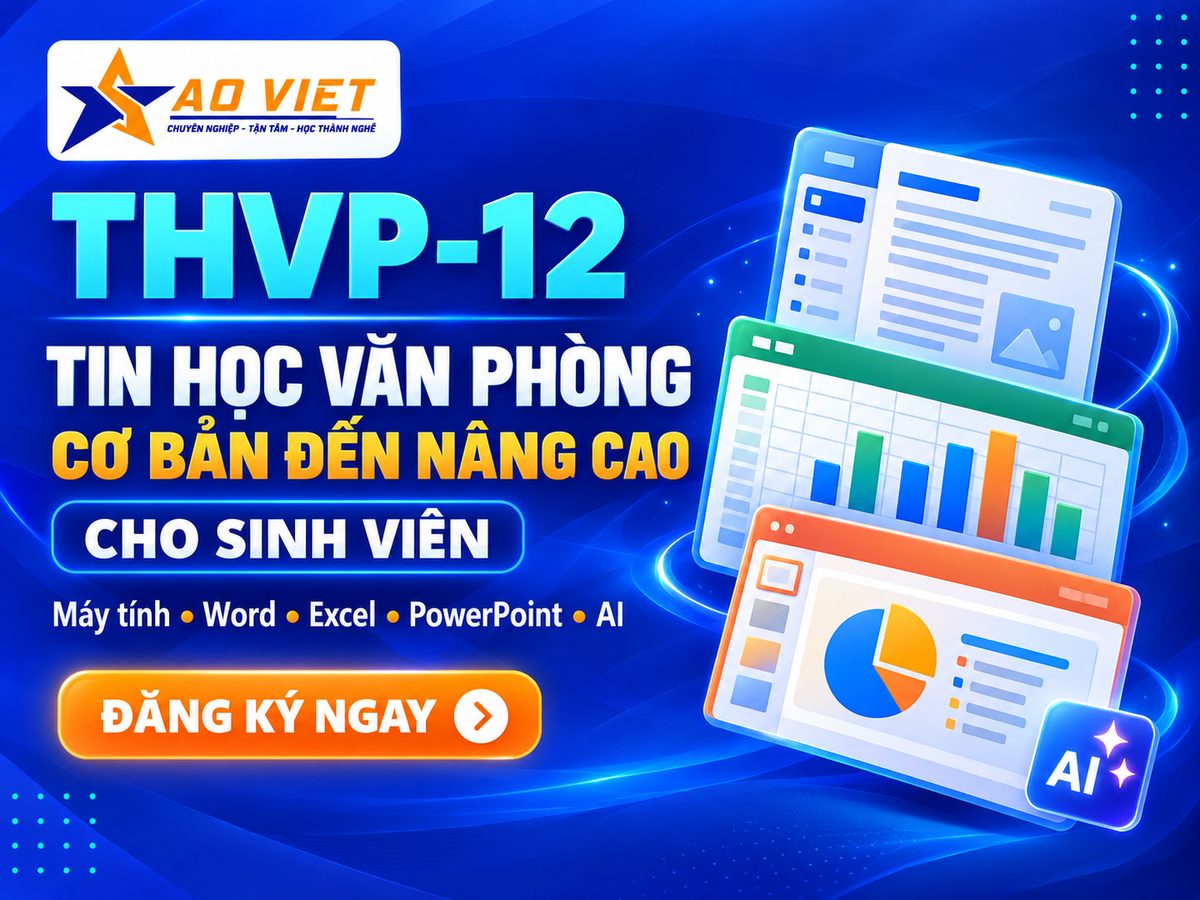 Ảnh THVP-12 nền xanh Sao Việt, tiêu đề cơ bản đến nâng cao cùng hình báo cáo dài, bảng phân tích, slide và biểu tượng AI