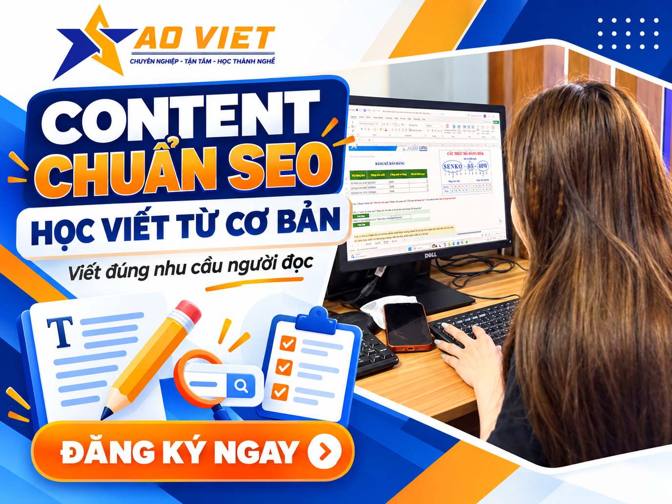 Thiết kế giới thiệu học viết content chuẩn seo kết hợp logo Sao Việt và ảnh lớp học thực tế