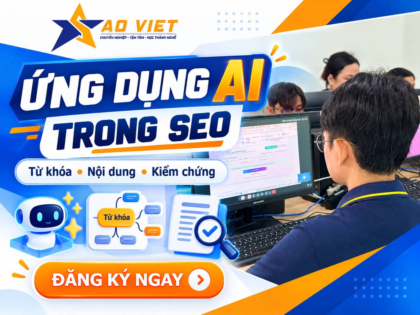 Thiết kế giới thiệu ứng dụng ai trong seo kết hợp logo Sao Việt và ảnh lớp học thực tế