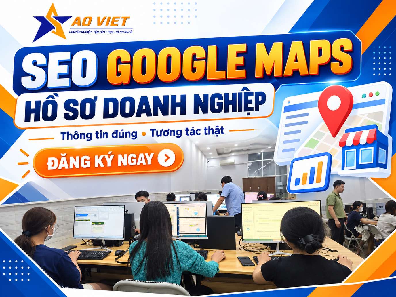 Thiết kế SEO Google Maps với ảnh lớp học, biểu tượng vị trí và cửa hàng