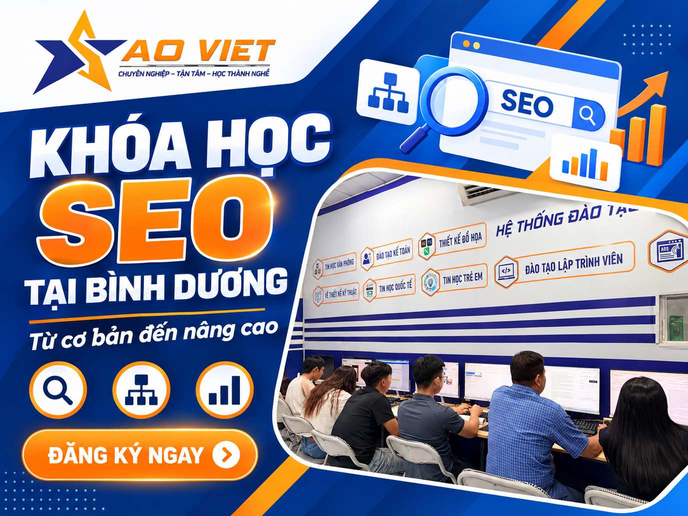 Thiết kế giới thiệu khóa học seo bình dương kết hợp logo Sao Việt và ảnh lớp học thực tế