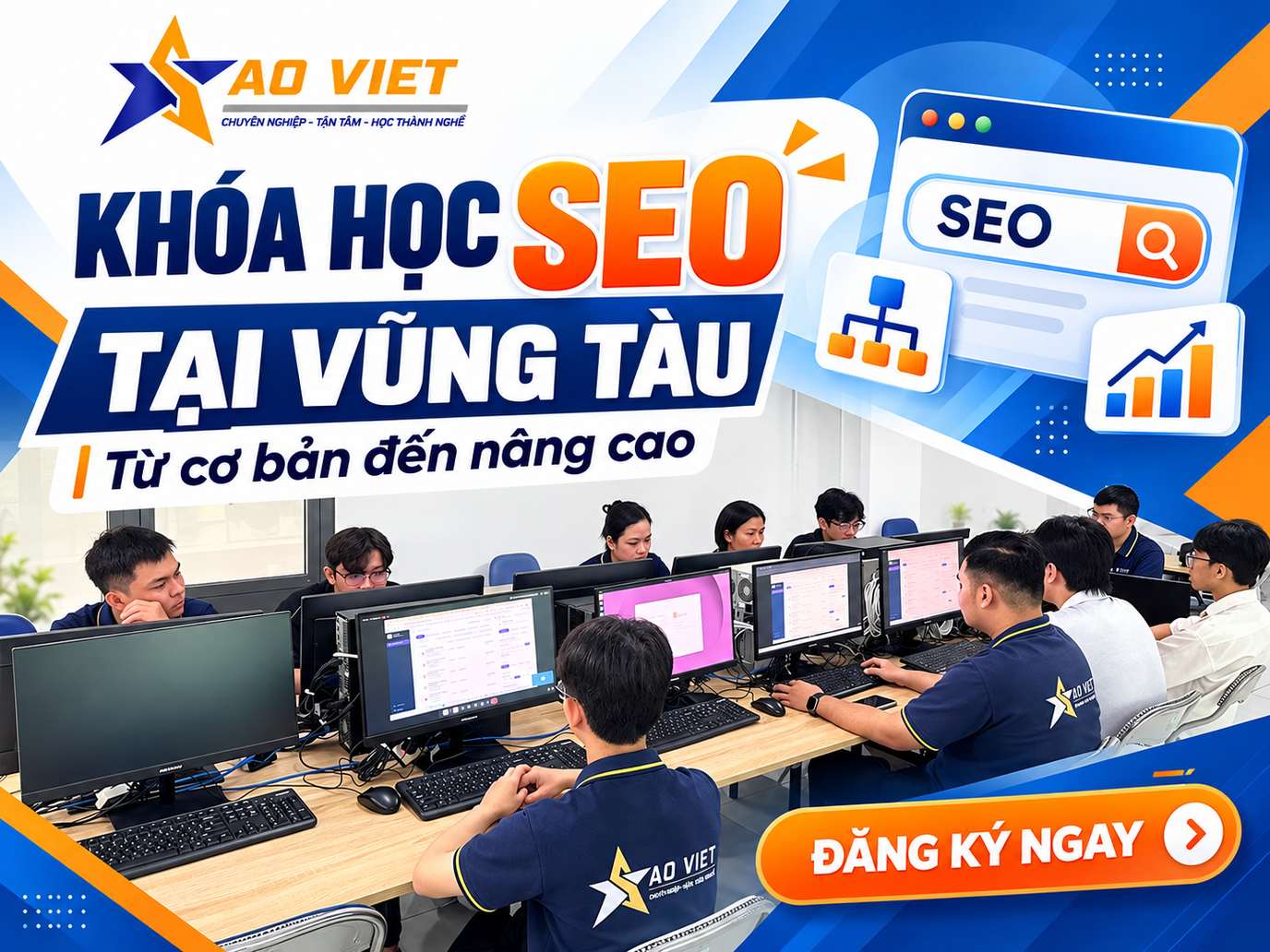 Thiết kế giới thiệu khóa học seo vũng tàu kết hợp logo Sao Việt và ảnh lớp học thực tế