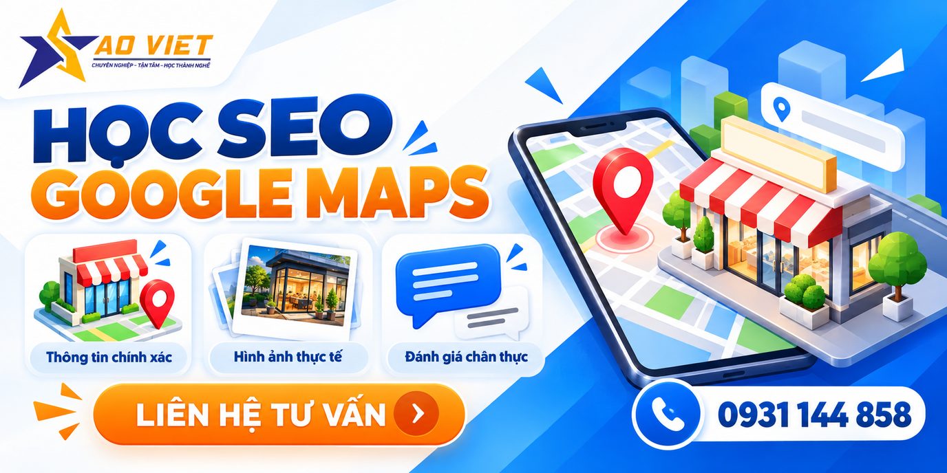 Banner học SEO Google Maps minh họa cửa hàng, vị trí và thông tin doanh nghiệp